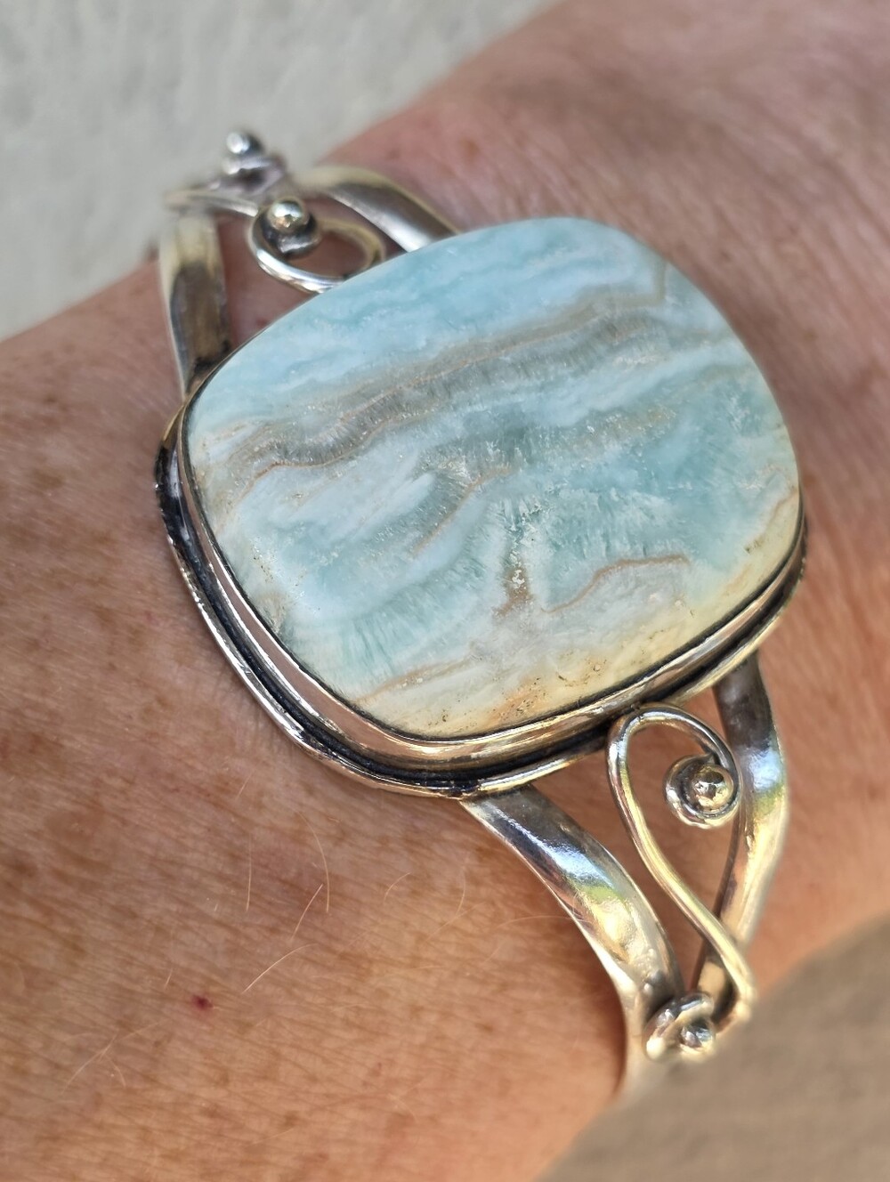 Carribean Calcite Gemstone Cuff Bracelet In 925 Sterling Silver (Adjustable)